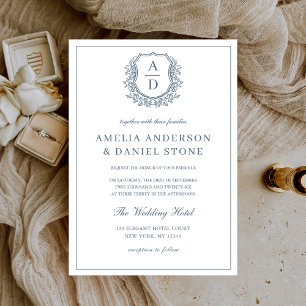 Dusty Blue Leafy Crest Monogram Wedding Elegant Invitation