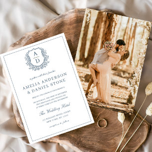 Dusty Blue Leafy Crest Monogram Wedding Elegant Invitation