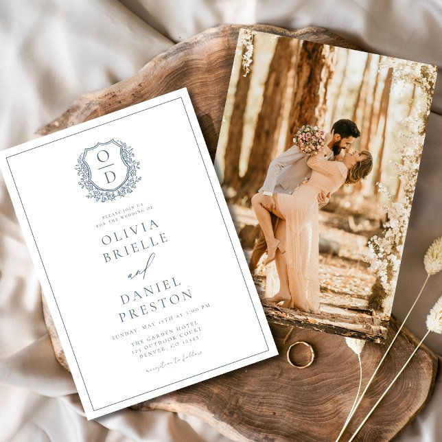 Dusty Blue Leafy Crest Monogram Wedding Elegant Invitation (Creator Uploaded)
