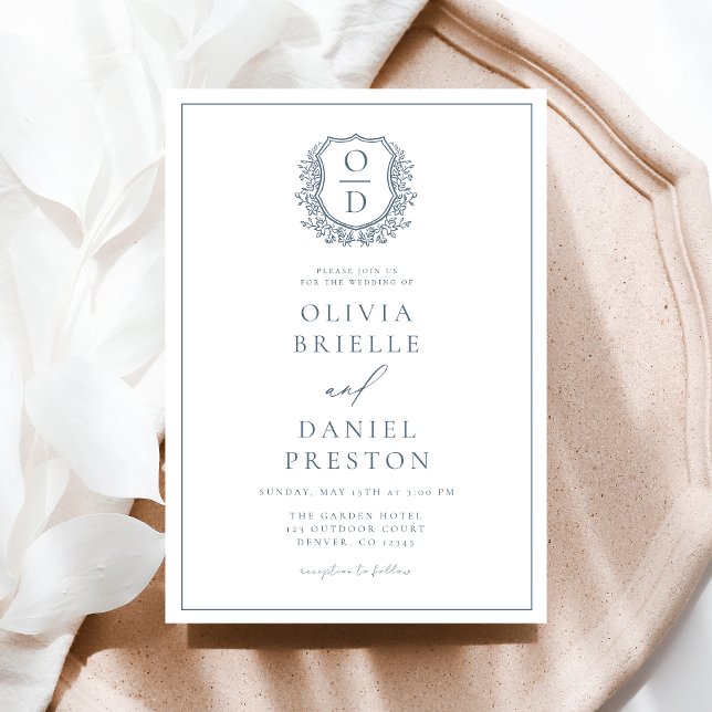 Dusty Blue Leafy Crest Monogram Wedding Elegant Invitation (Creator Uploaded)