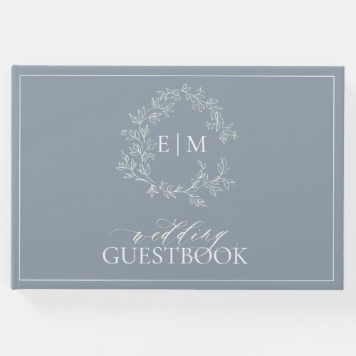 Dusty Blue Leafy Crest Monogram Wedding Guest Book