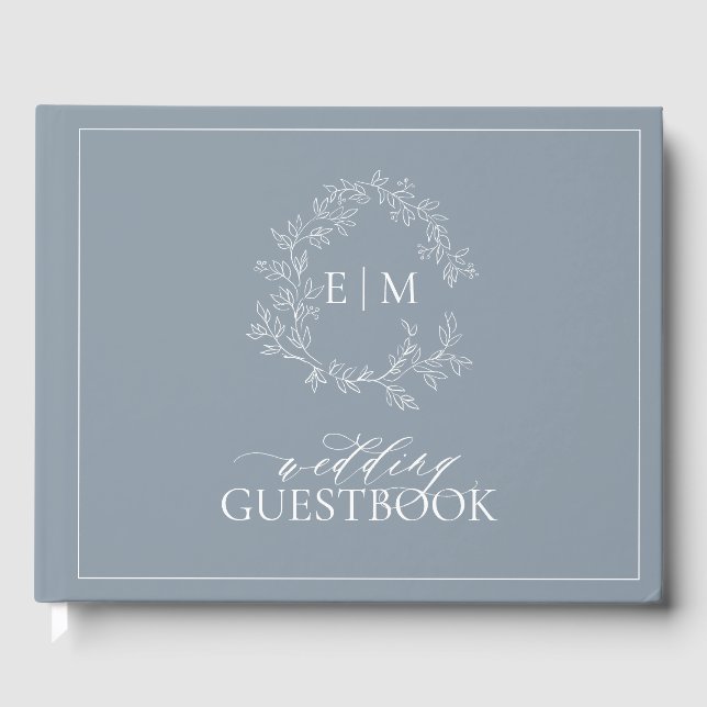Dusty Blue Leafy Crest Monogram Wedding Guest Book (Front)
