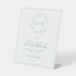 Dusty Blue Leafy Crest Monogram Wedding Guestbook Pedestal Sign