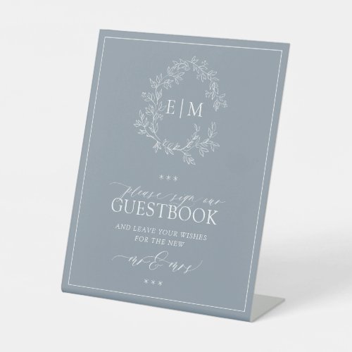 Dusty Blue Leafy Crest Monogram Wedding Guestbook Pedestal Sign
