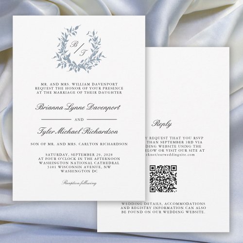 Dusty Blue Leafy Crest Monogram Wedding Invitation