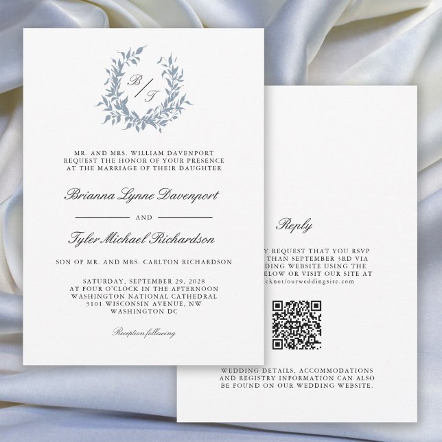 Dusty Blue Leafy Crest Monogram Wedding Invitation (Available as both printed and paperless digital download!)