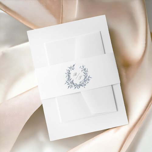 Dusty Blue Leafy Crest Monogram Wedding Logo Invitation Belly Band