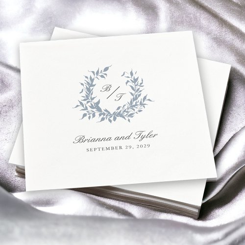 Dusty Blue Leafy Crest Monogram Wedding Logo Napkins