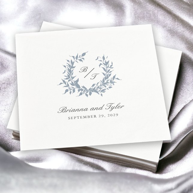 Dusty Blue Leafy Crest Monogram Wedding Logo Napkins (Napkins available in 3 sizes: Cocktail, luncheon, and dinner size)