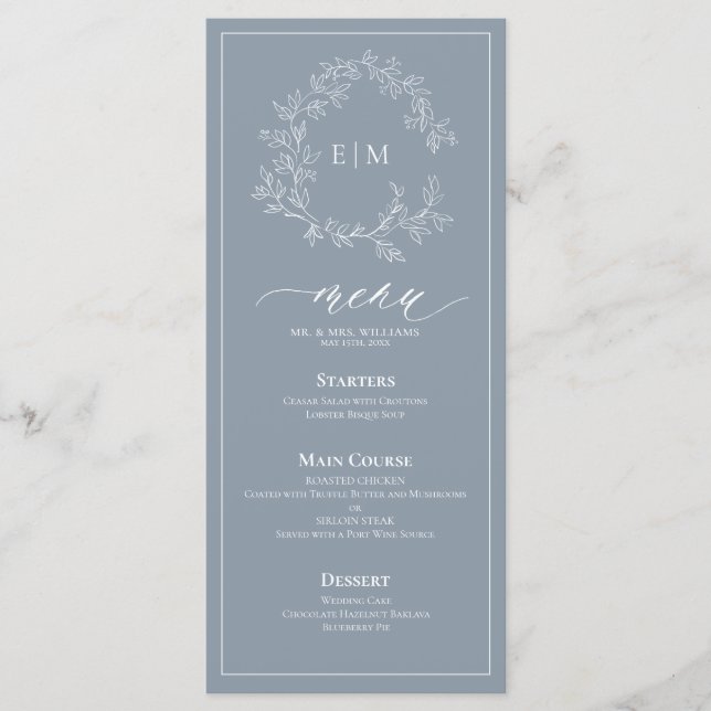 Dusty Blue Leafy Crest Monogram Wedding Menu (Front)