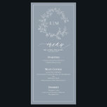 Dusty Blue Leafy Crest Monogram Wedding Menu<br><div class="desc">Create the perfect reception setting! We're loving this trendy, modern dusty blue 4"x 9" wedding menu! Simple, elegant, and oh-so-pretty, it features a hand drawn leafy wreath encircling a modern wedding monogram. It is personalized in elegant typography, and accented with hand-lettered calligraphy. Finally, it is trimmed in a delicate frame....</div>