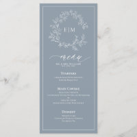 Dusty Blue Leafy Crest Monogram Wedding Menu
