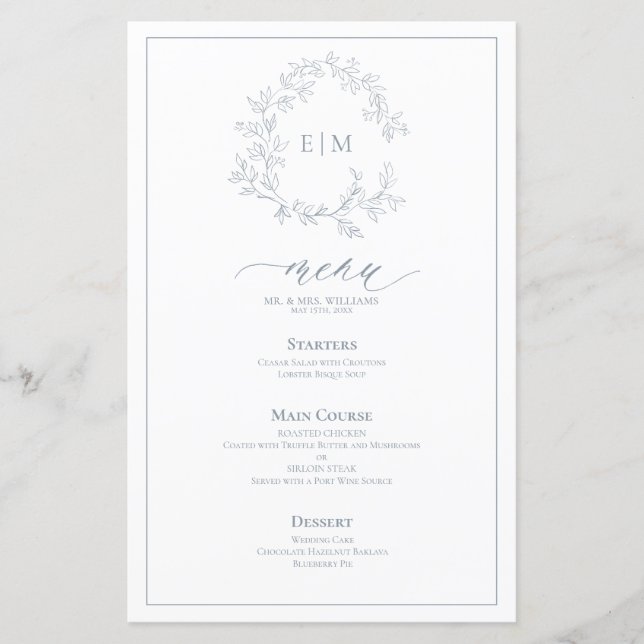 Dusty Blue Leafy Crest Monogram Wedding Menu (Front)