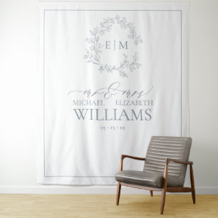 Dusty Blue Leafy Crest Monogram Wedding Photo Tapestry