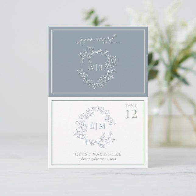 Dusty Blue Leafy Crest Monogram Wedding Place Card (Standing Front)