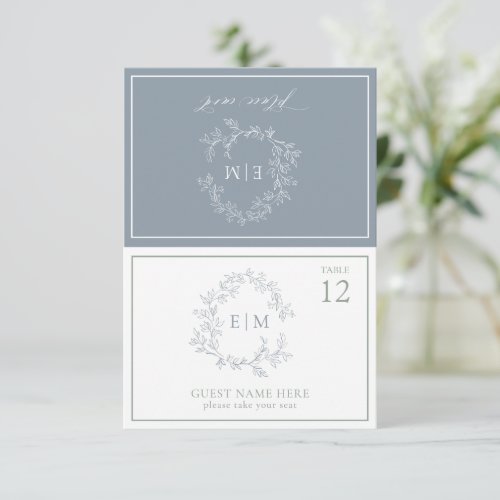 Dusty Blue Leafy Crest Monogram Wedding Place Card