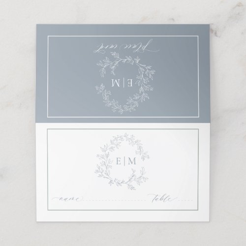 Dusty Blue Leafy Crest Monogram Wedding Place Card