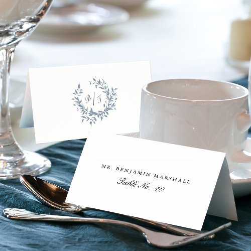 Dusty Blue Leafy Crest Monogram Wedding Place Card