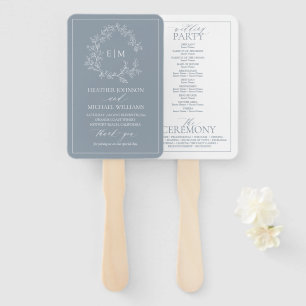 Dusty Blue Leafy Crest Monogram Wedding Program Hand Fan