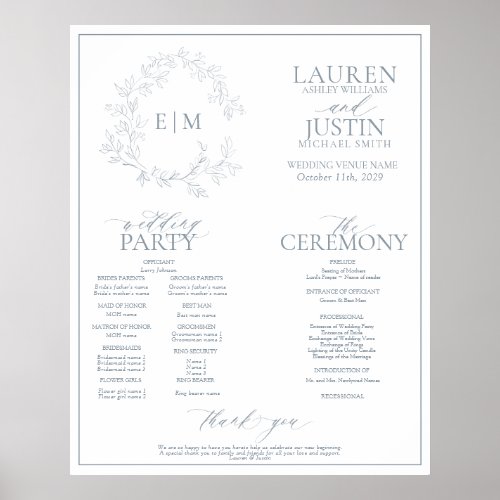 Dusty Blue Leafy Crest Monogram Wedding Program Poster