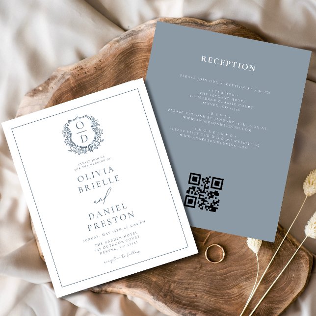 Dusty Blue Leafy Crest Monogram Wedding QR Code (Creator Uploaded)