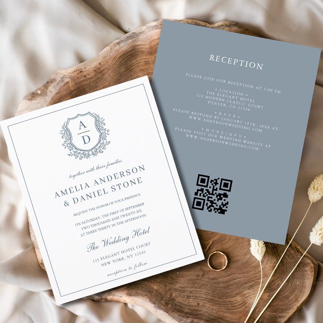 Dusty Blue Leafy Crest Monogram Wedding QR Code Flyer (Creator Uploaded)