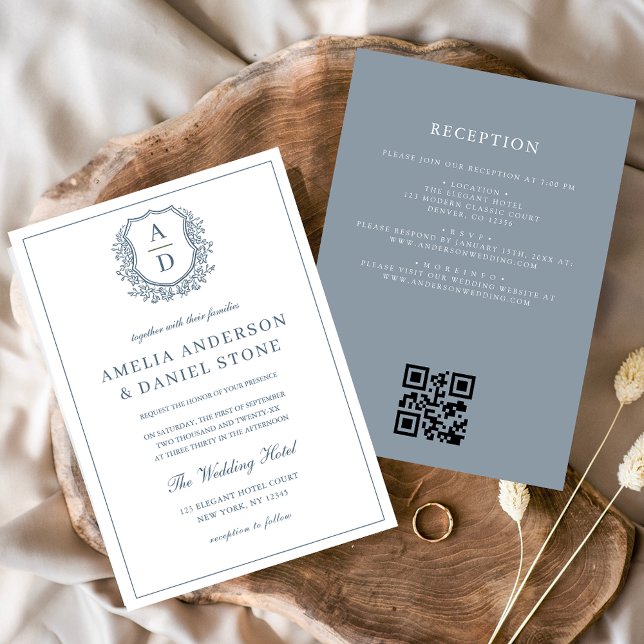 Dusty Blue Leafy Crest Monogram Wedding QR Code Invitation (Creator Uploaded)