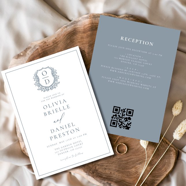 Dusty Blue Leafy Crest Monogram Wedding QR Code Invitation (Creator Uploaded)