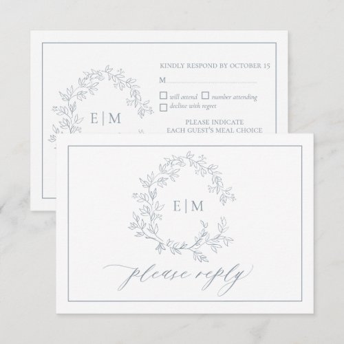 Dusty Blue Leafy Crest Monogram Wedding RSVP Card