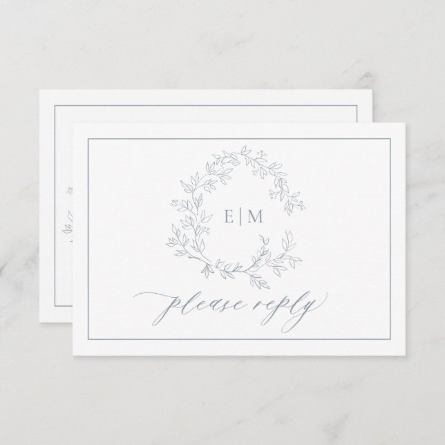 Dusty Blue Leafy Crest Monogram Wedding RSVP Card (Front/Back)