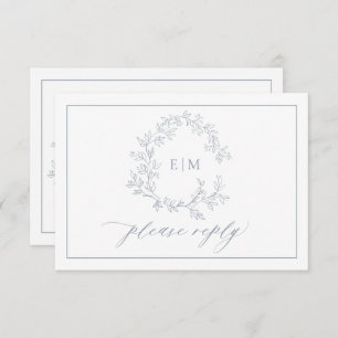 Dusty Blue Leafy Crest Monogram Wedding RSVP Card