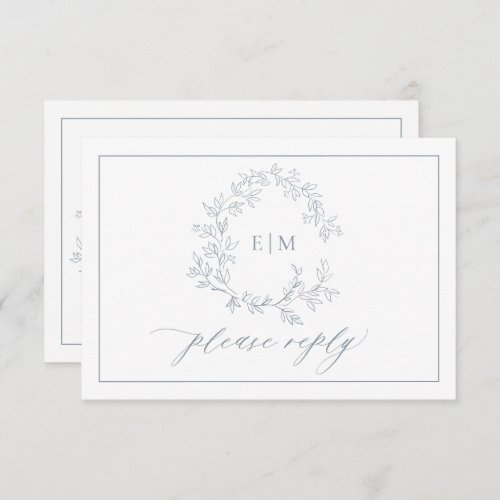 Dusty Blue Leafy Crest Monogram Wedding RSVP Card