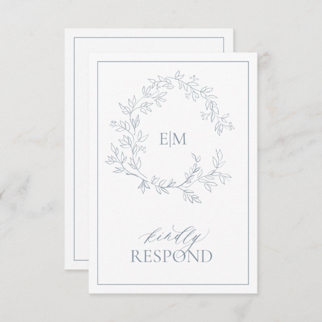 Dusty Blue Leafy Crest Monogram Wedding RSVP Card (Front/Back)