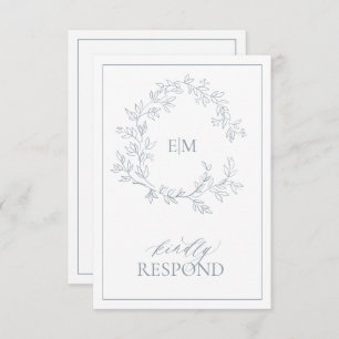 Dusty Blue Leafy Crest Monogram Wedding RSVP Card