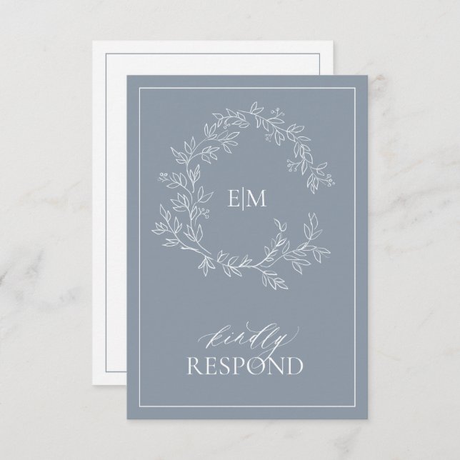 Dusty Blue Leafy Crest Monogram Wedding RSVP Card (Front/Back)