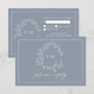 Dusty Blue Leafy Crest Monogram Wedding RSVP Card