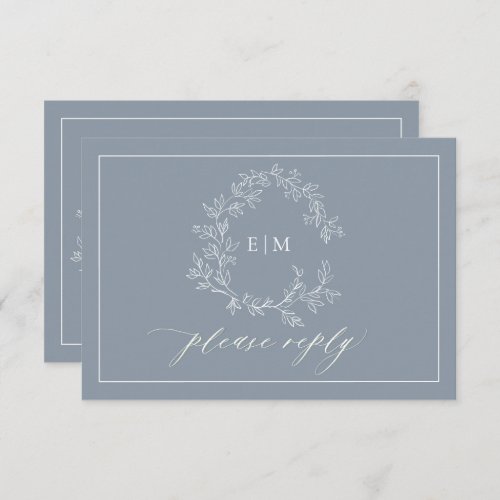 Dusty Blue Leafy Crest Monogram Wedding RSVP Card