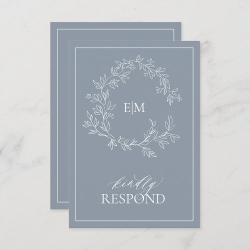 Dusty Blue Leafy Crest Monogram Wedding RSVP Card