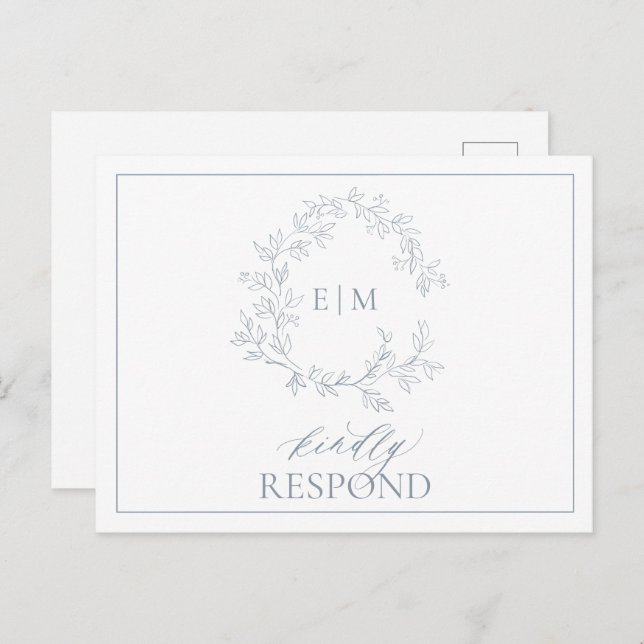 Dusty Blue Leafy Crest Monogram Wedding RSVP Invitation Postcard (Front/Back)