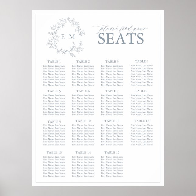 Dusty Blue Leafy Crest Monogram Wedding Seating Poster (Front)