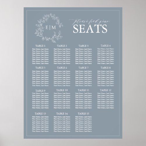 Dusty Blue Leafy Crest Monogram Wedding Seating Poster