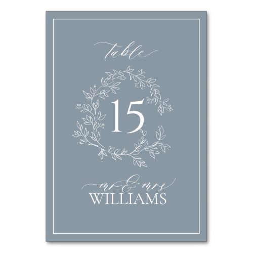 Dusty Blue Leafy Crest Monogram Wedding Table Number