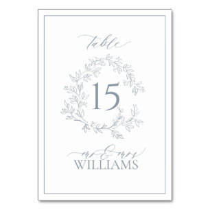 Dusty Blue Leafy Crest Monogram Wedding Table Number