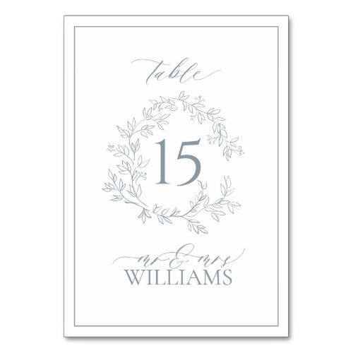 Dusty Blue Leafy Crest Monogram Wedding Table Number