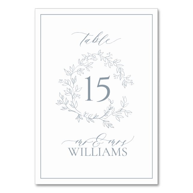 Dusty Blue Leafy Crest Monogram Wedding Table Number (Front)