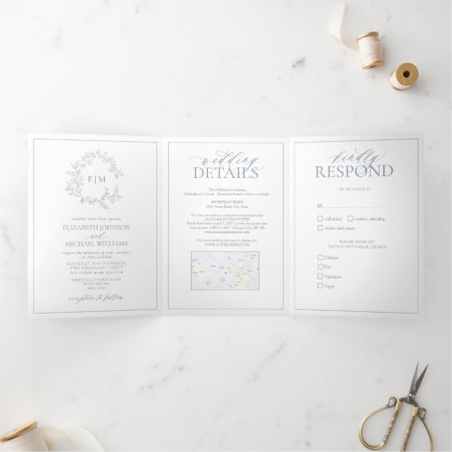 Dusty Blue Leafy Crest Monogram Wedding Tri_Fold Invitation