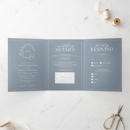 Dusty Blue Leafy Crest Monogram Wedding Tri_Fold Invitation