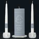 Dusty Blue Leafy Crest Monogram Wedding Unity Candle Set<br><div class="desc">Create the perfect reception setting with this unity candle set design. We're loving this trendy, modern dusty blue candle set! Simple, elegant, and oh-so-pretty, it features a hand drawn leafy wreath encircling a modern wedding monogram. It is personalized in elegant typography, and accented with hand-lettered calligraphy. Finally, it is trimmed...</div>