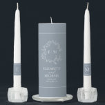 Dusty Blue Leafy Crest Monogram Wedding Unity Candle Set<br><div class="desc">Create the perfect reception setting with this unity candle set design. We're loving this trendy, modern dusty blue candle set! Simple, elegant, and oh-so-pretty, it features a hand drawn leafy wreath encircling a modern wedding monogram. It is personalized in elegant typography, and accented with hand-lettered calligraphy. Finally, it is trimmed...</div>