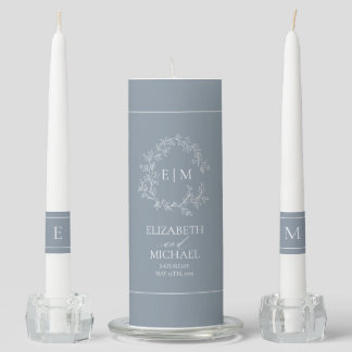 Dusty Blue Leafy Crest Monogram Wedding Unity Candle Set